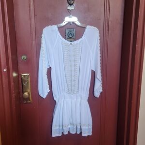 Ondade Mar Women's Two Tiers Longsleeve Smocked White Cover Up With Tassel SZ S